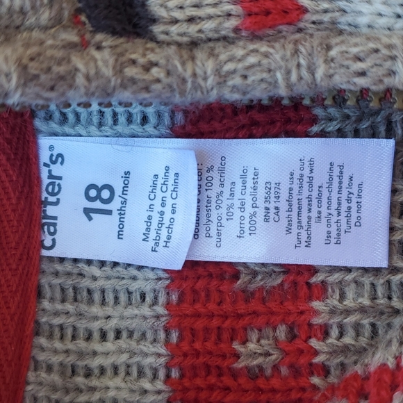 Carter's Moose Zipper Front Sweater Christmas Winter 18 mos New - Picture 4 of 8